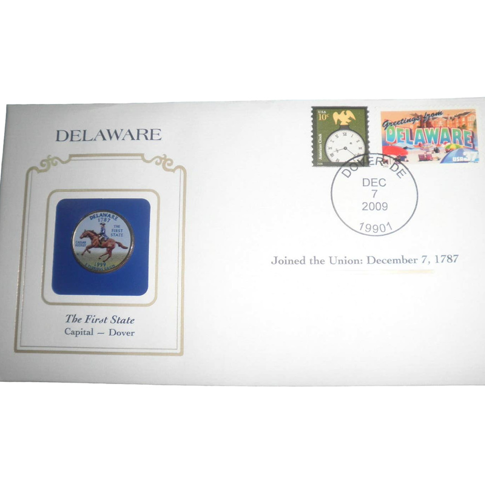 DELAWARE COLORIZED QUARTER & FIRST DAY COVER BY POSTAL COMMEMORATIVE SOCIETY